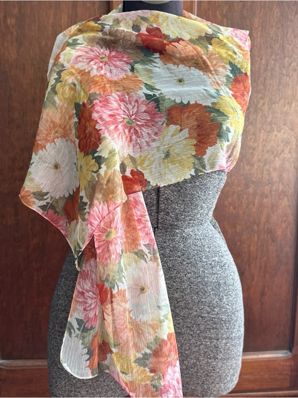 Vintage Large Rectangular Zinnia Floral Scarf